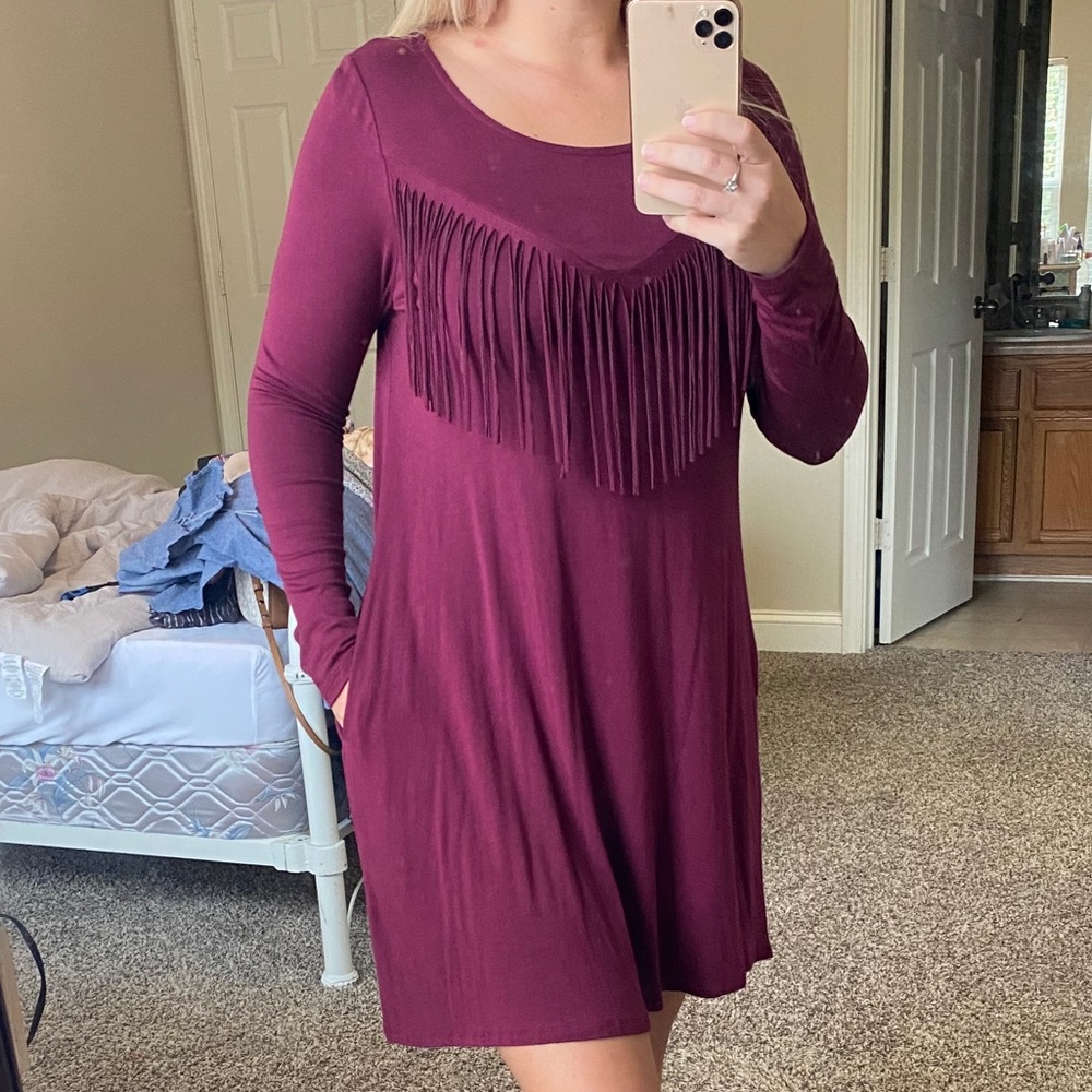 Burgundy, short, with pockets, fringe dress